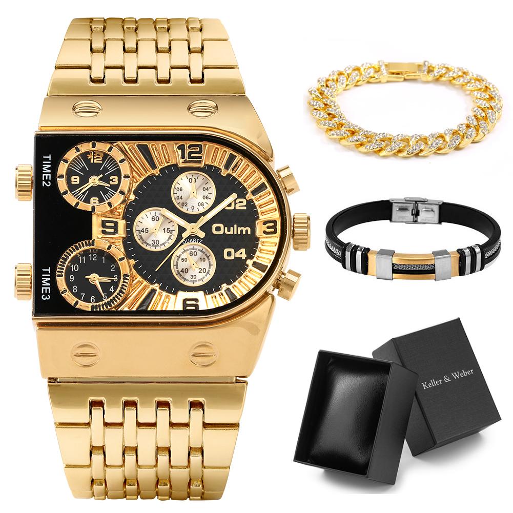 1pc Men's Large Irregular Dial Multifunctional Steel Belt Watch/bracelet Set (3 Time Zones) With Gift Box