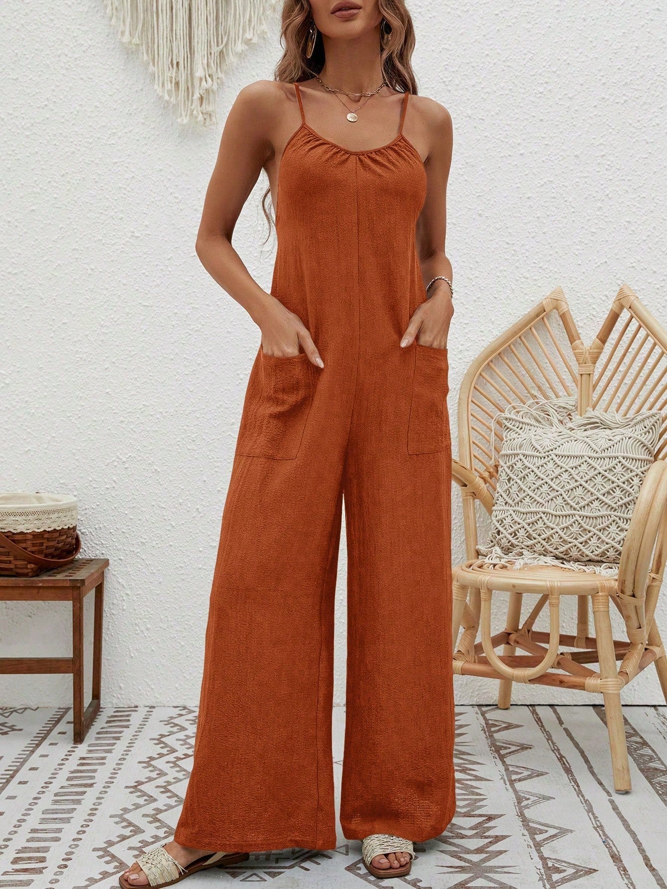 VCAY Crisscross Backless Wide Leg Cami Jumpsuit