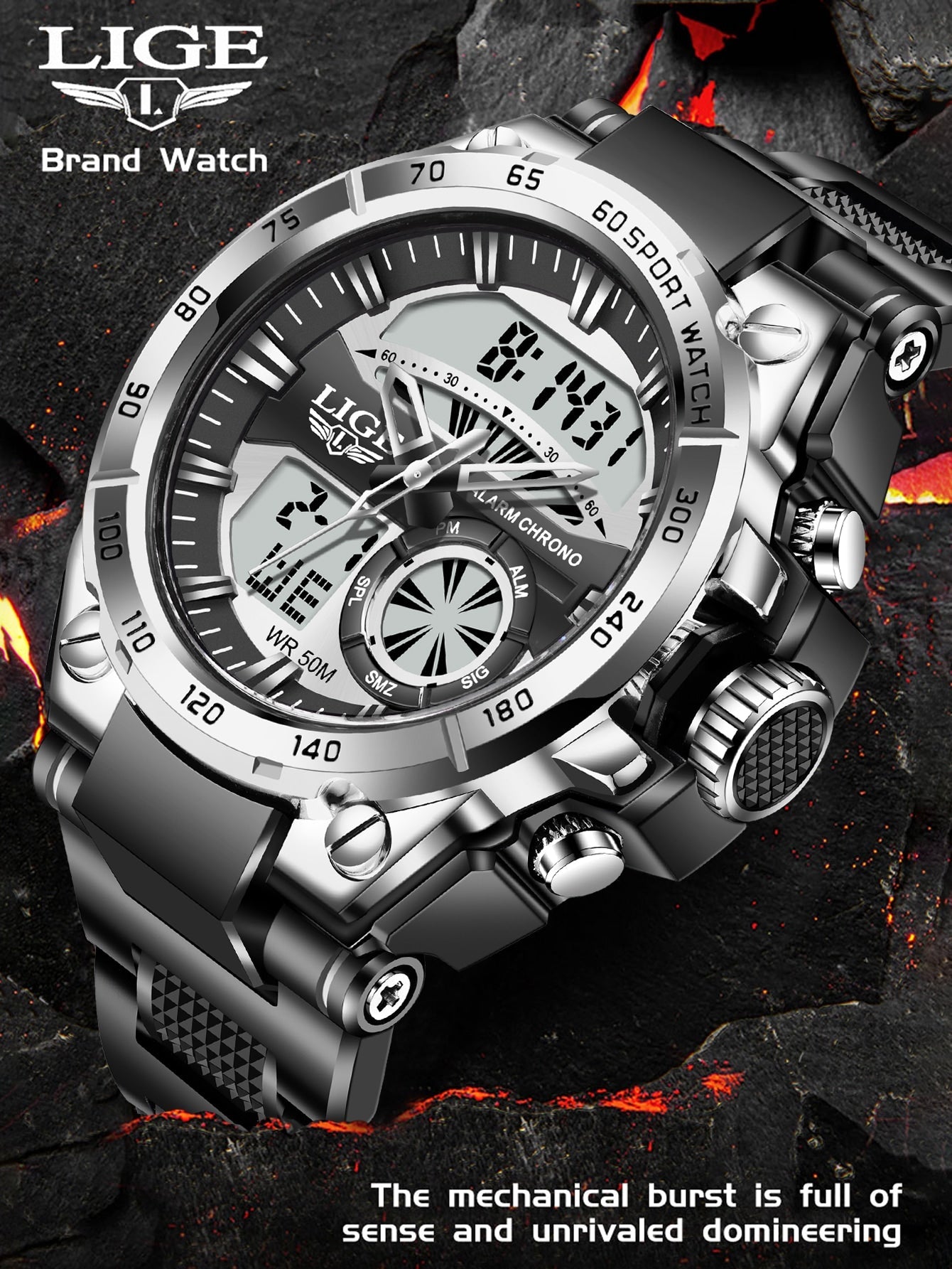 LIGE 1pc Black Silicone Strap Sporty Date 24 Hour Chronograph Round Dial Digital Watch, For Daily Life