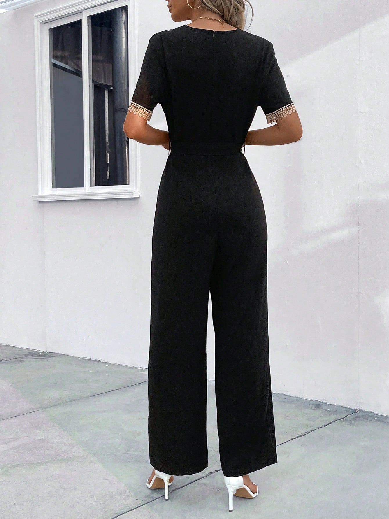 LUNE Guipure Lace Trim Belted Jumpsuit