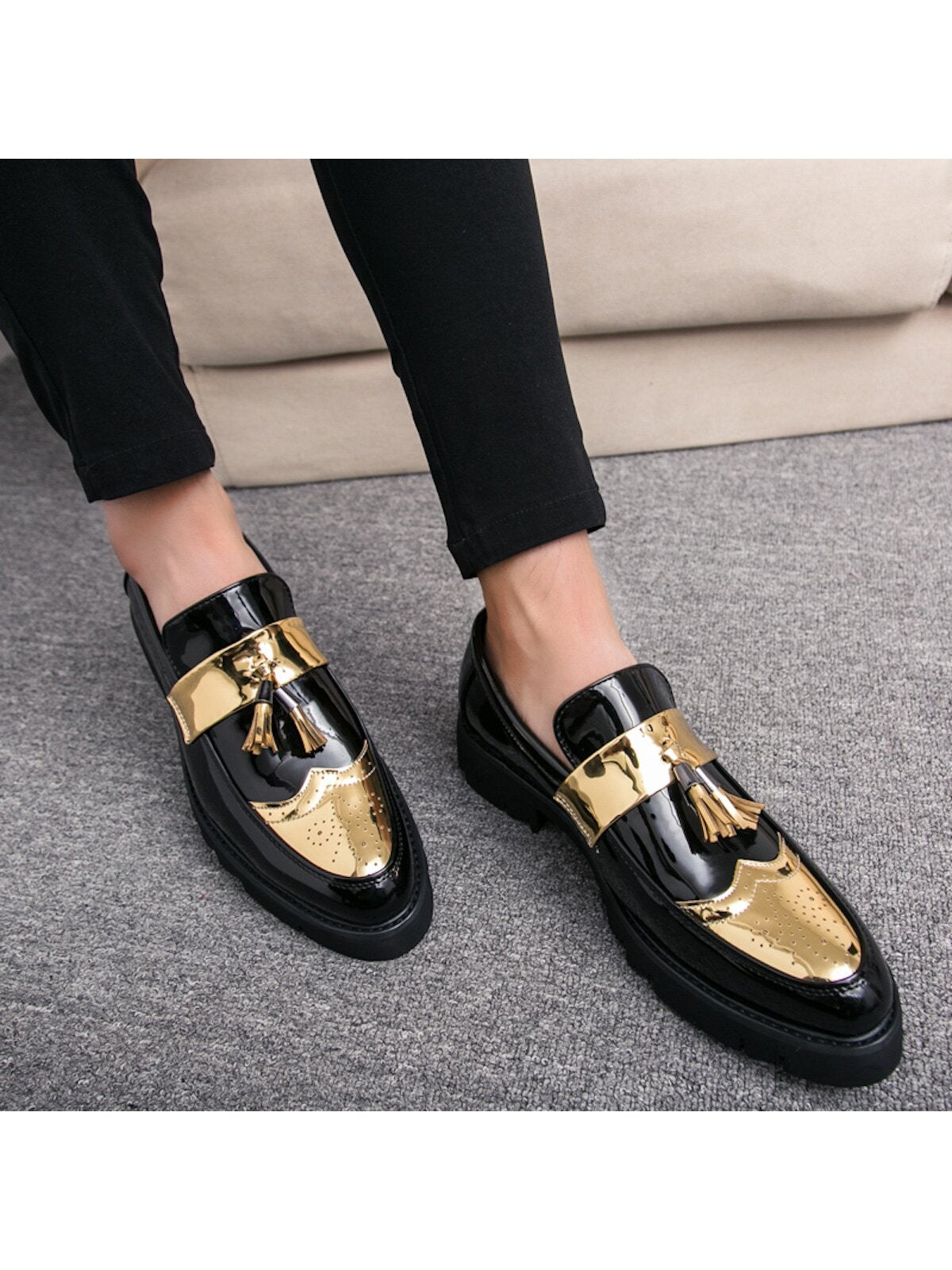 New Men's Shoes, Pointed Toe, Patent Leather, Casual Thick Sole Elevated Sneakers, Fashionable Casual Shoes With Tassel Design, Low-cut Slip-on Shoes For Parties, Wedding, Dinner, Work, Brogue Carved Leather Shoes, Dress Shoes