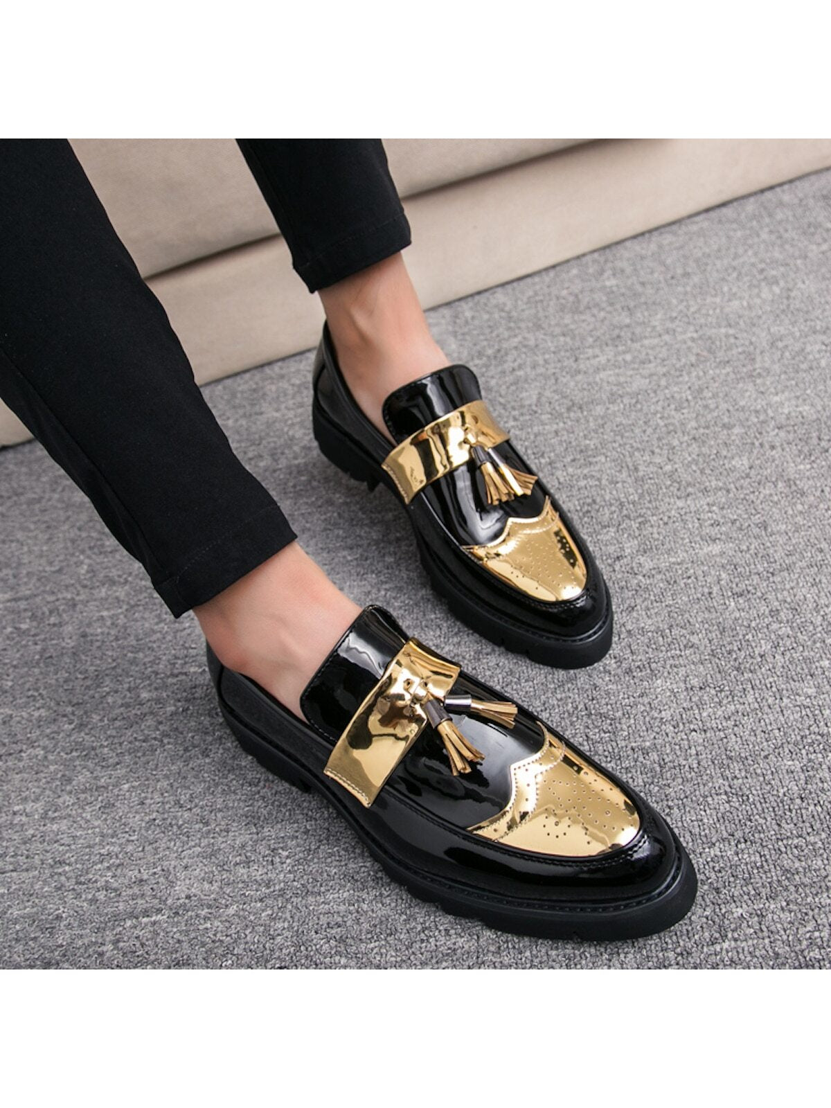 New Men's Shoes, Pointed Toe, Patent Leather, Casual Thick Sole Elevated Sneakers, Fashionable Casual Shoes With Tassel Design, Low-cut Slip-on Shoes For Parties, Wedding, Dinner, Work, Brogue Carved Leather Shoes, Dress Shoes