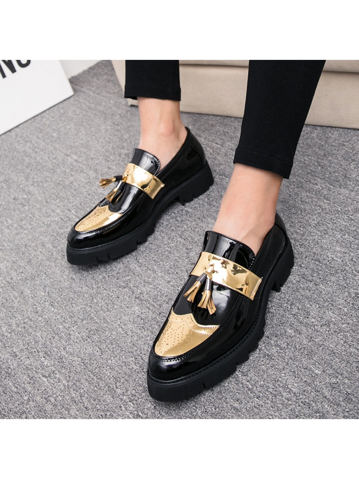 New Men's Shoes, Pointed Toe, Patent Leather, Casual Thick Sole Elevated Sneakers, Fashionable Casual Shoes With Tassel Design, Low-cut Slip-on Shoes For Parties, Wedding, Dinner, Work, Brogue Carved Leather Shoes, Dress Shoes