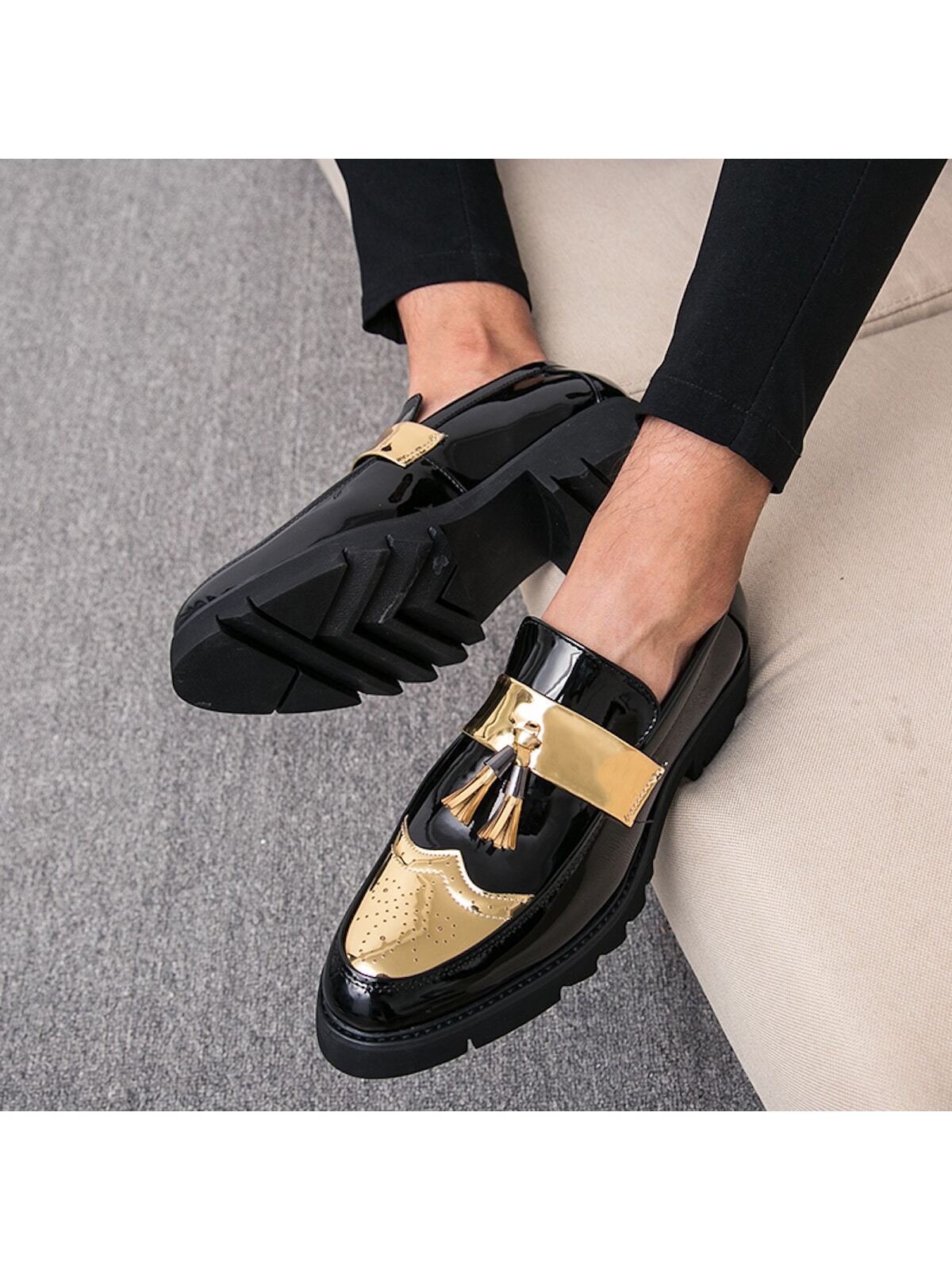 New Men's Shoes, Pointed Toe, Patent Leather, Casual Thick Sole Elevated Sneakers, Fashionable Casual Shoes With Tassel Design, Low-cut Slip-on Shoes For Parties, Wedding, Dinner, Work, Brogue Carved Leather Shoes, Dress Shoes