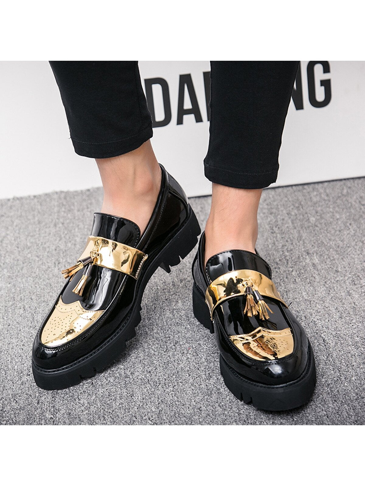 New Men's Shoes, Pointed Toe, Patent Leather, Casual Thick Sole Elevated Sneakers, Fashionable Casual Shoes With Tassel Design, Low-cut Slip-on Shoes For Parties, Wedding, Dinner, Work, Brogue Carved Leather Shoes, Dress Shoes