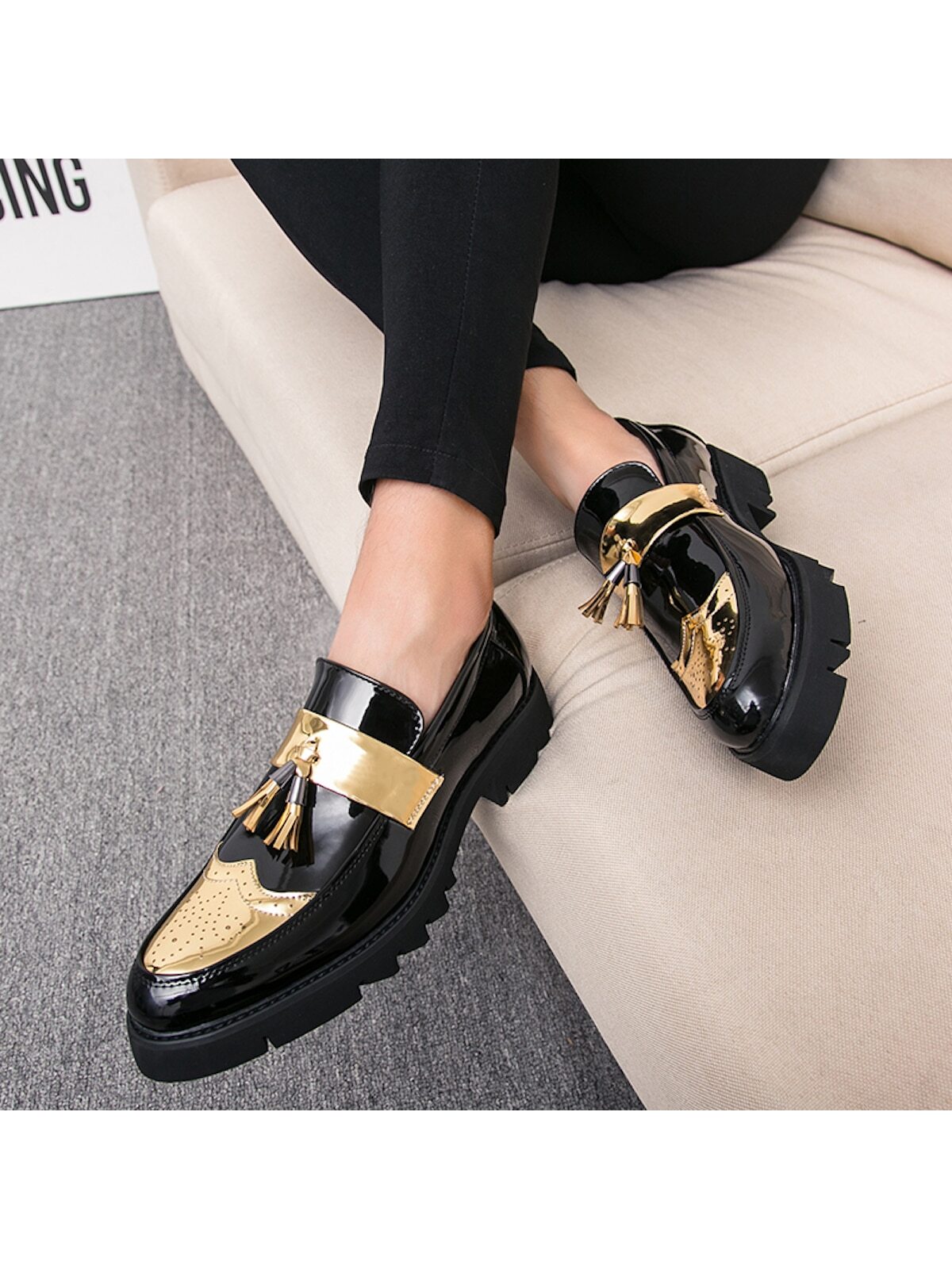 New Men's Shoes, Pointed Toe, Patent Leather, Casual Thick Sole Elevated Sneakers, Fashionable Casual Shoes With Tassel Design, Low-cut Slip-on Shoes For Parties, Wedding, Dinner, Work, Brogue Carved Leather Shoes, Dress Shoes