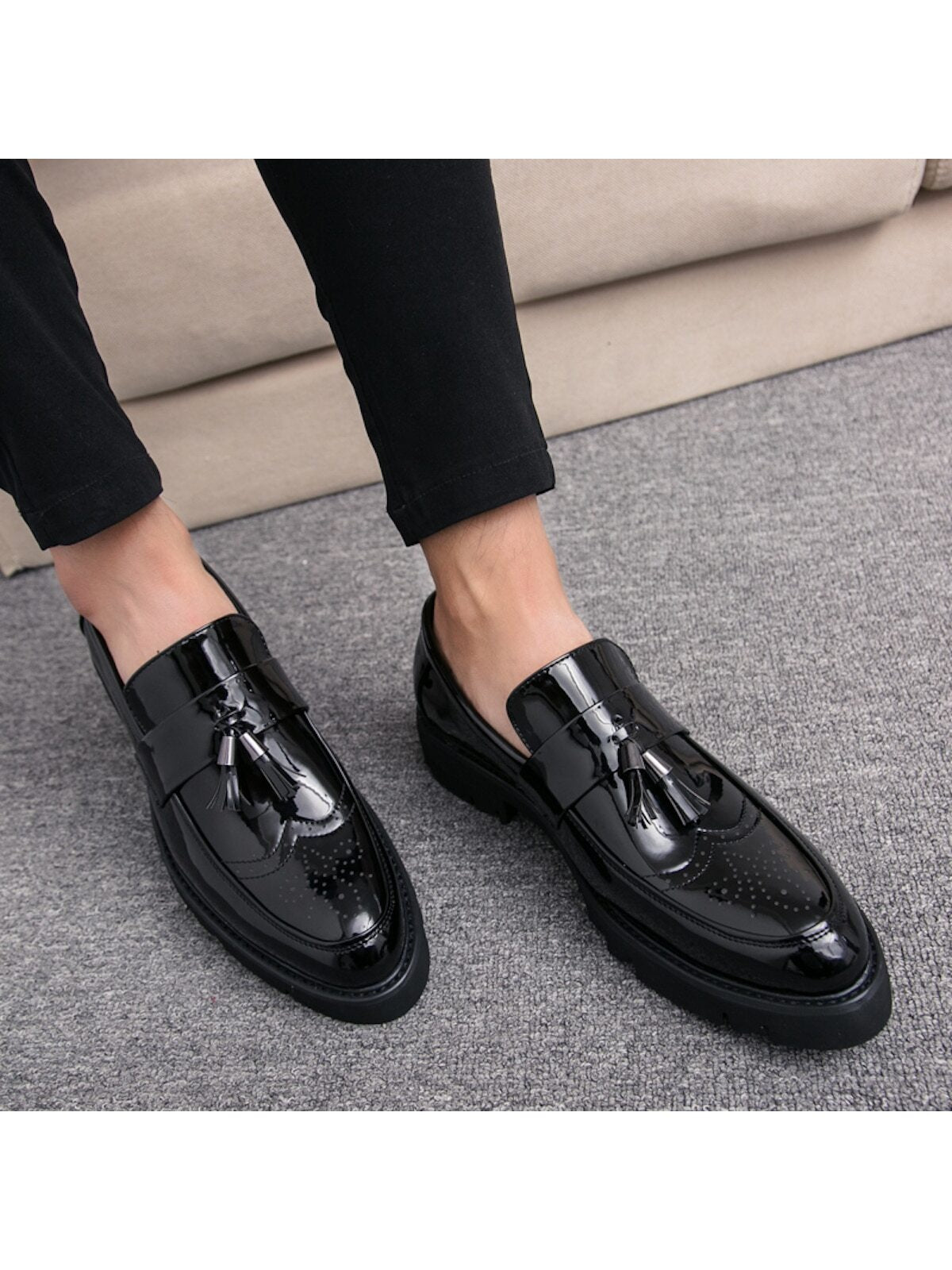 New Men's Shoes, Pointed Toe, Patent Leather, Casual Thick Sole Elevated Sneakers, Fashionable Casual Shoes With Tassel Design, Low-cut Slip-on Shoes For Parties, Wedding, Dinner, Work, Brogue Carved Leather Shoes, Dress Shoes