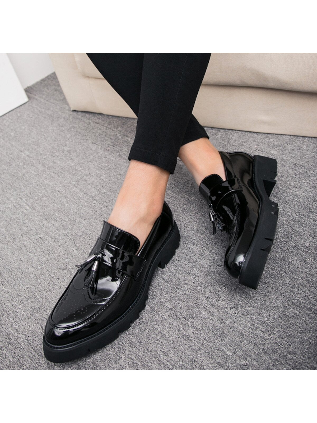 New Men's Shoes, Pointed Toe, Patent Leather, Casual Thick Sole Elevated Sneakers, Fashionable Casual Shoes With Tassel Design, Low-cut Slip-on Shoes For Parties, Wedding, Dinner, Work, Brogue Carved Leather Shoes, Dress Shoes