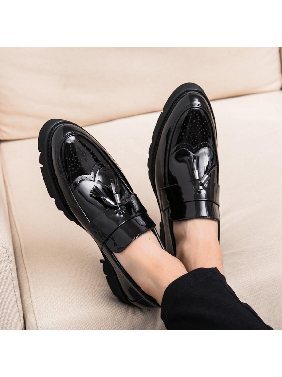 New Men's Shoes, Pointed Toe, Patent Leather, Casual Thick Sole Elevated Sneakers, Fashionable Casual Shoes With Tassel Design, Low-cut Slip-on Shoes For Parties, Wedding, Dinner, Work, Brogue Carved Leather Shoes, Dress Shoes