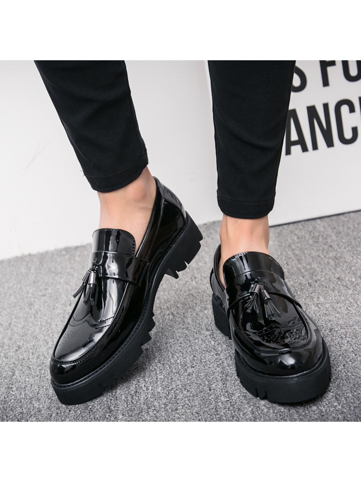 New Men's Shoes, Pointed Toe, Patent Leather, Casual Thick Sole Elevated Sneakers, Fashionable Casual Shoes With Tassel Design, Low-cut Slip-on Shoes For Parties, Wedding, Dinner, Work, Brogue Carved Leather Shoes, Dress Shoes