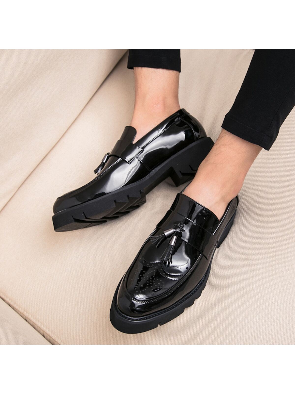 New Men's Shoes, Pointed Toe, Patent Leather, Casual Thick Sole Elevated Sneakers, Fashionable Casual Shoes With Tassel Design, Low-cut Slip-on Shoes For Parties, Wedding, Dinner, Work, Brogue Carved Leather Shoes, Dress Shoes