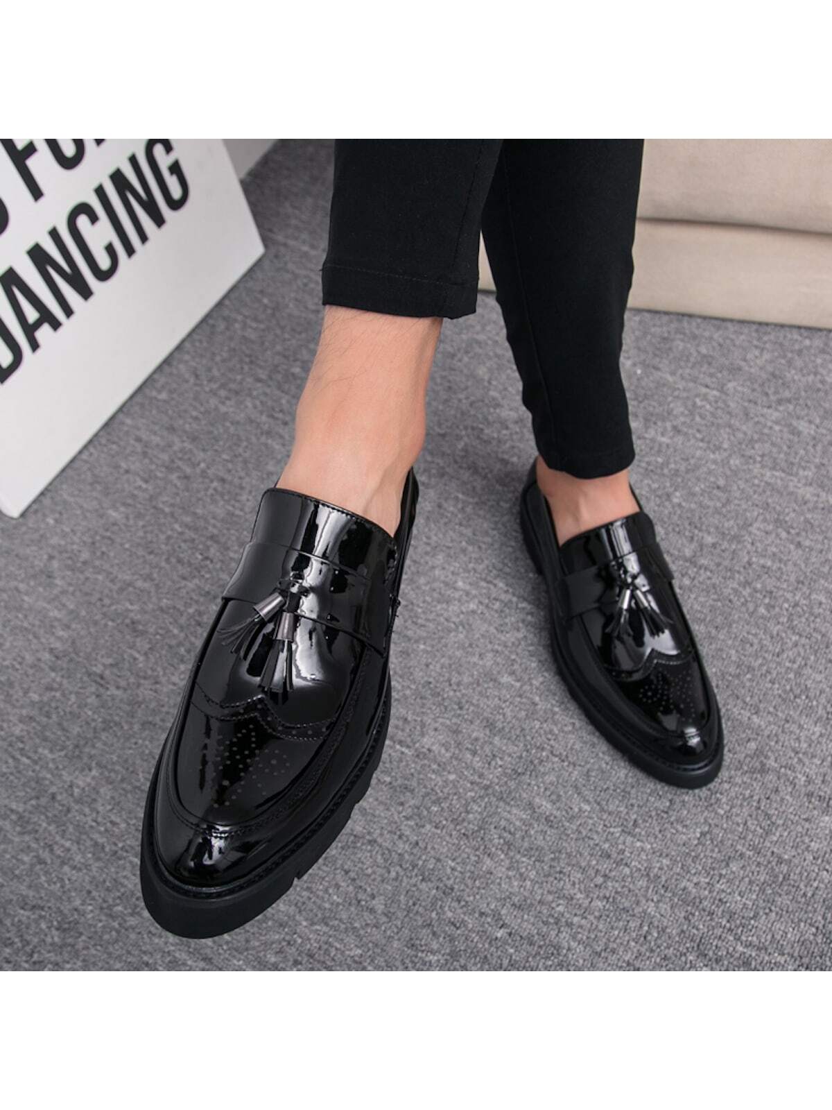 New Men's Shoes, Pointed Toe, Patent Leather, Casual Thick Sole Elevated Sneakers, Fashionable Casual Shoes With Tassel Design, Low-cut Slip-on Shoes For Parties, Wedding, Dinner, Work, Brogue Carved Leather Shoes, Dress Shoes