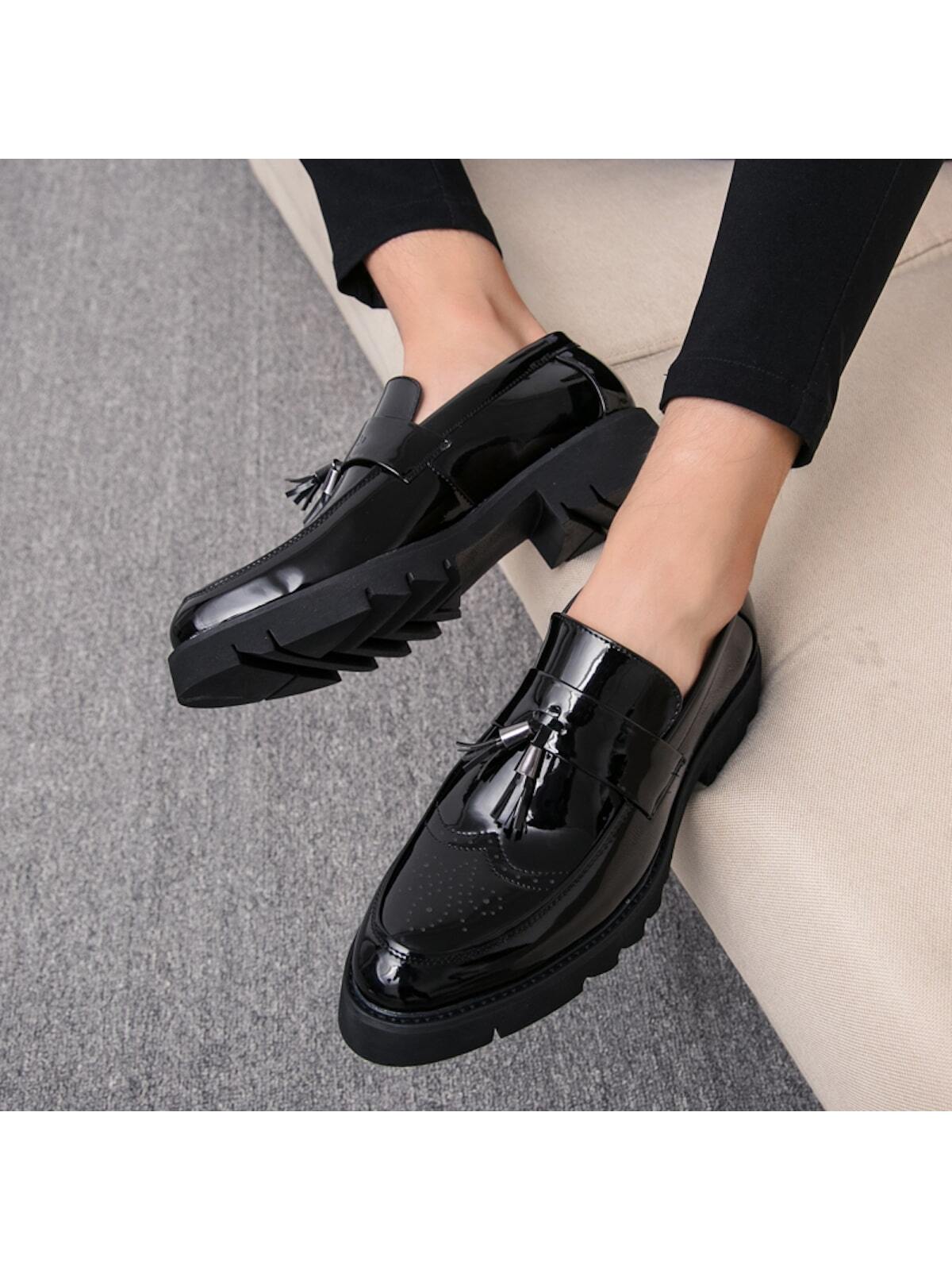 New Men's Shoes, Pointed Toe, Patent Leather, Casual Thick Sole Elevated Sneakers, Fashionable Casual Shoes With Tassel Design, Low-cut Slip-on Shoes For Parties, Wedding, Dinner, Work, Brogue Carved Leather Shoes, Dress Shoes