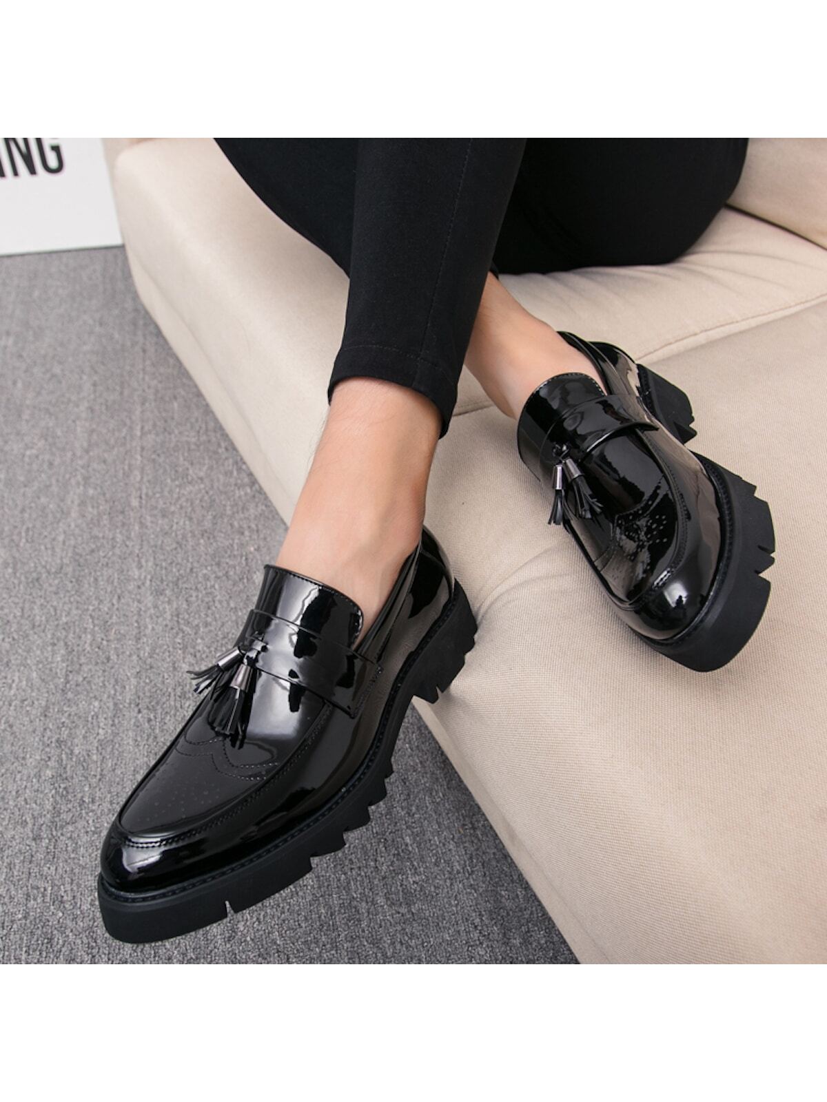 New Men's Shoes, Pointed Toe, Patent Leather, Casual Thick Sole Elevated Sneakers, Fashionable Casual Shoes With Tassel Design, Low-cut Slip-on Shoes For Parties, Wedding, Dinner, Work, Brogue Carved Leather Shoes, Dress Shoes