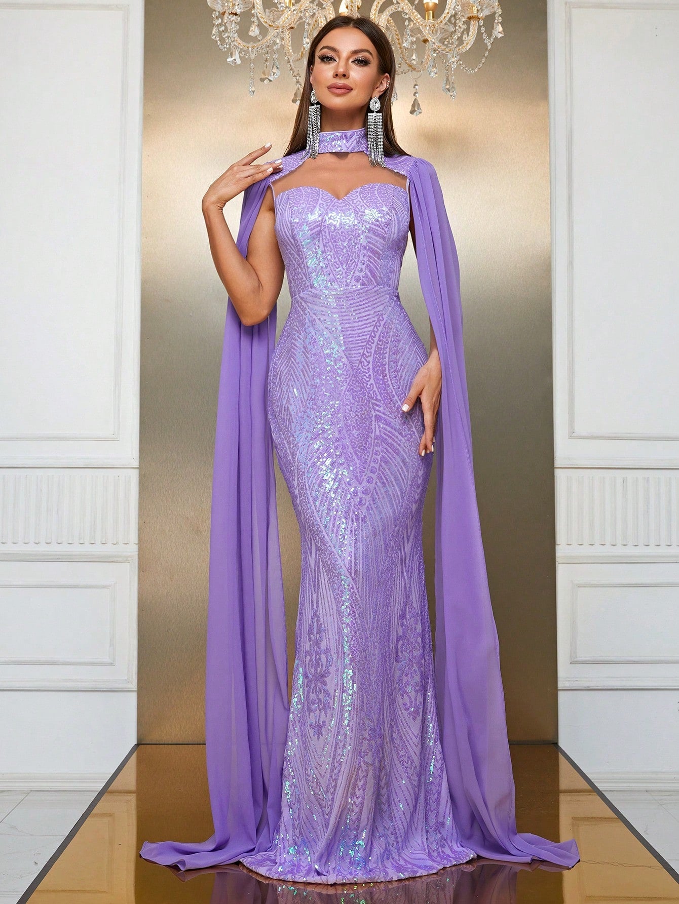 Giffniseti Contrast Sequin Cloak Sleeve Floor Length Formal Dress