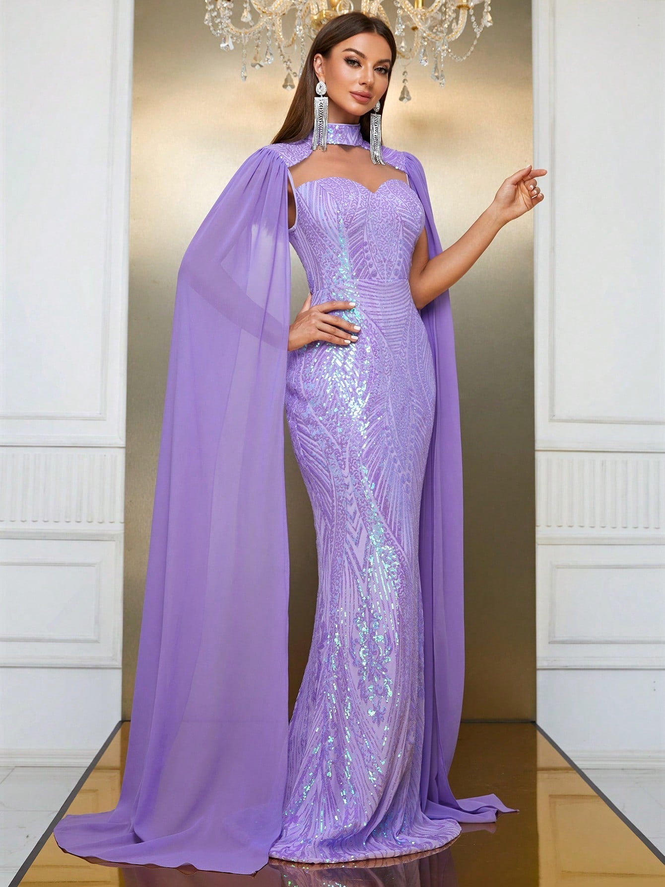 Giffniseti Contrast Sequin Cloak Sleeve Floor Length Formal Dress