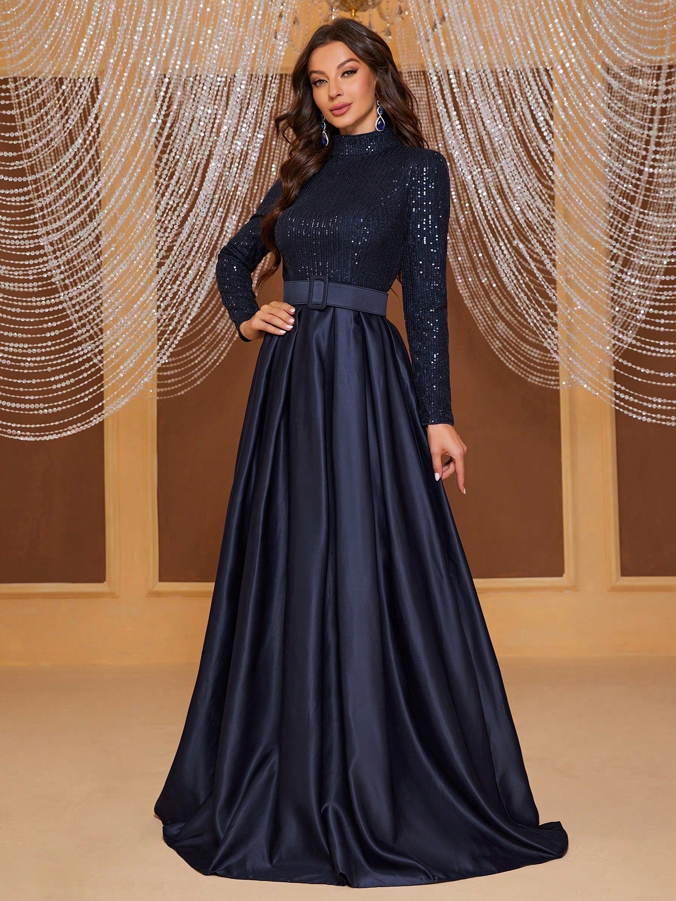 Giffniseti Long Sleeve High Neck Sequin Panel & Pleated Evening Dress (With Belt)