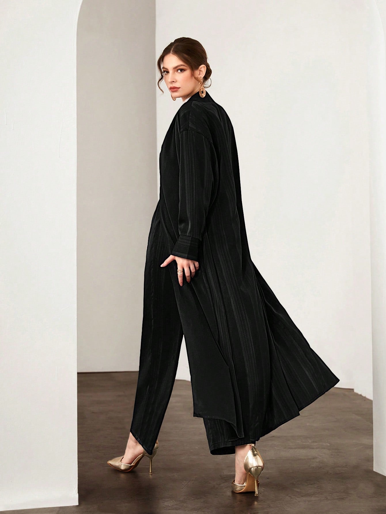 Najma Solid Open Front Abaya & Pants Without Belt