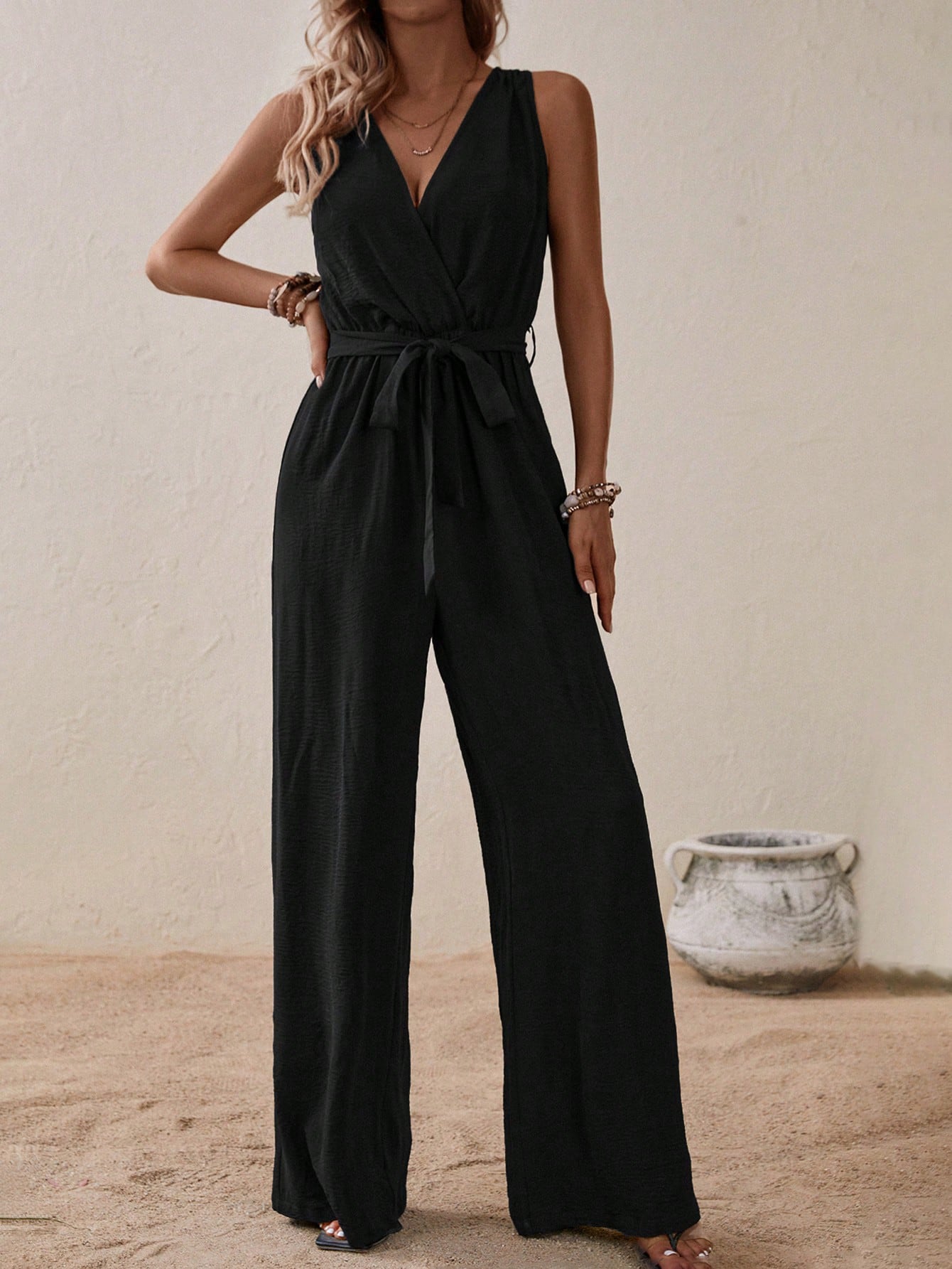 LUNE Solid Belted Wide Leg Jumpsuit