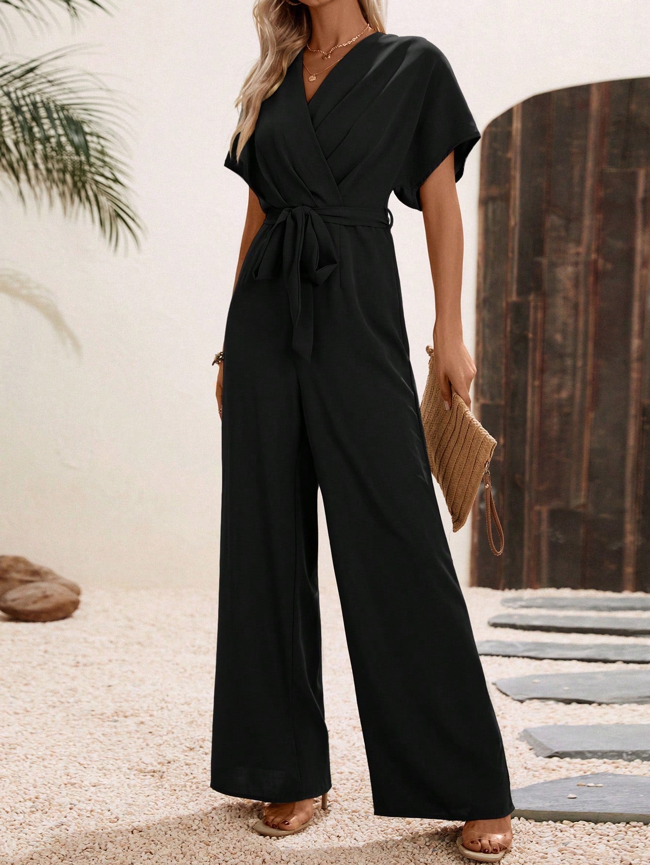 LUNE Solid Belted Wide Leg Wrap Detail Jumpsuit