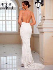 LOVE&LEMONADE Plunging Neck Mermaid Hem Sequin Wedding Dress