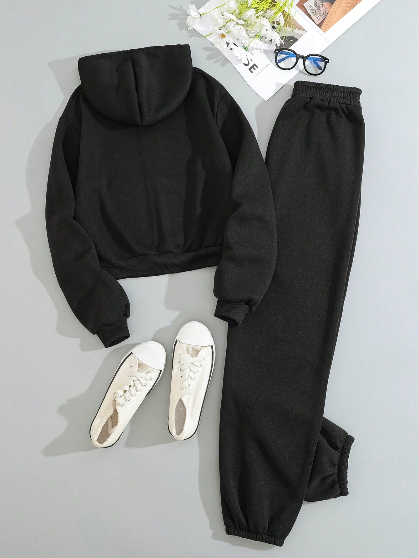 2pcs/Set Solid Color Long Sleeve Hoodie And Sport Pants