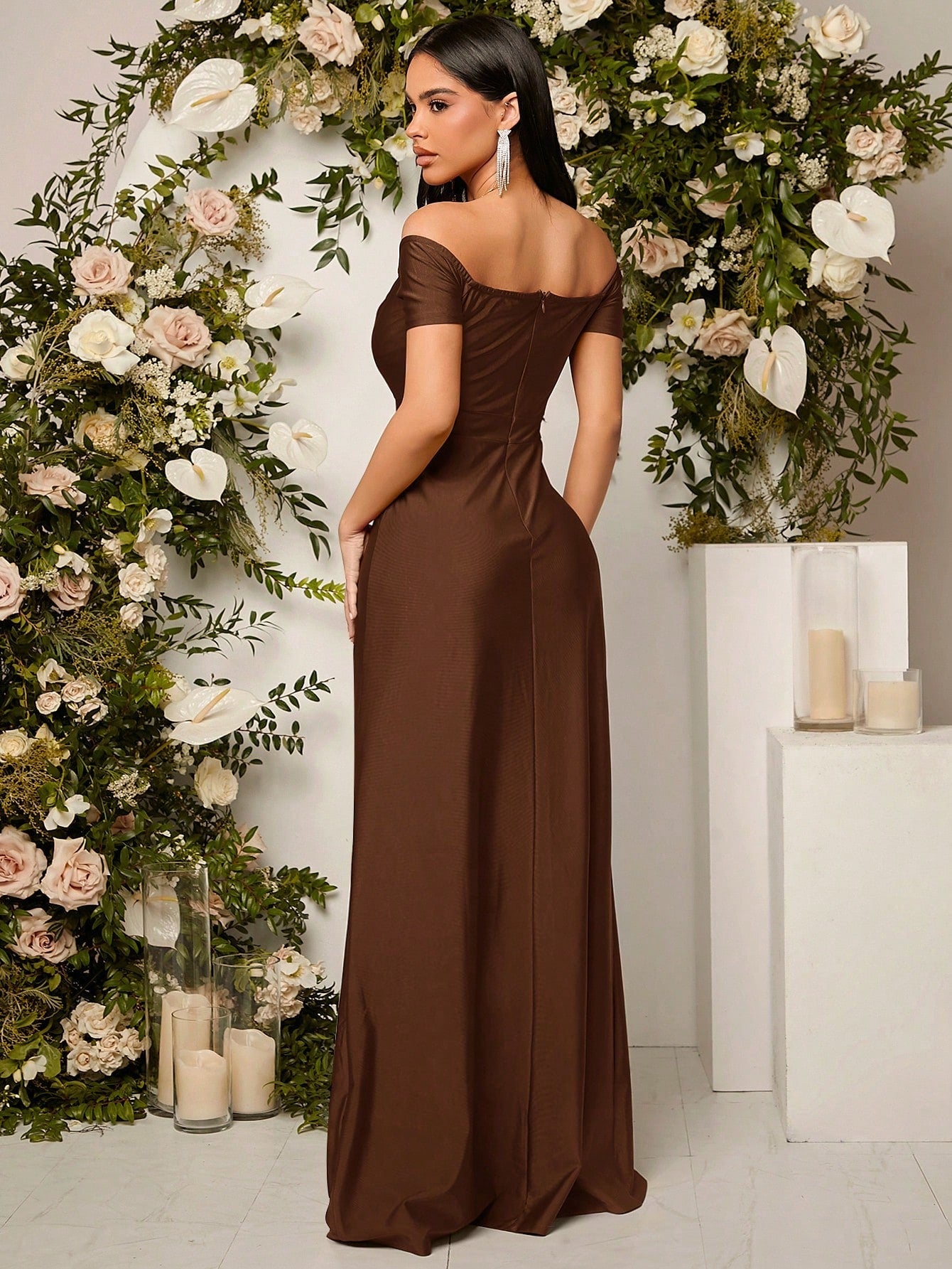 Belle Off Shoulder Ruched Split Thigh Bridesmaid Dress