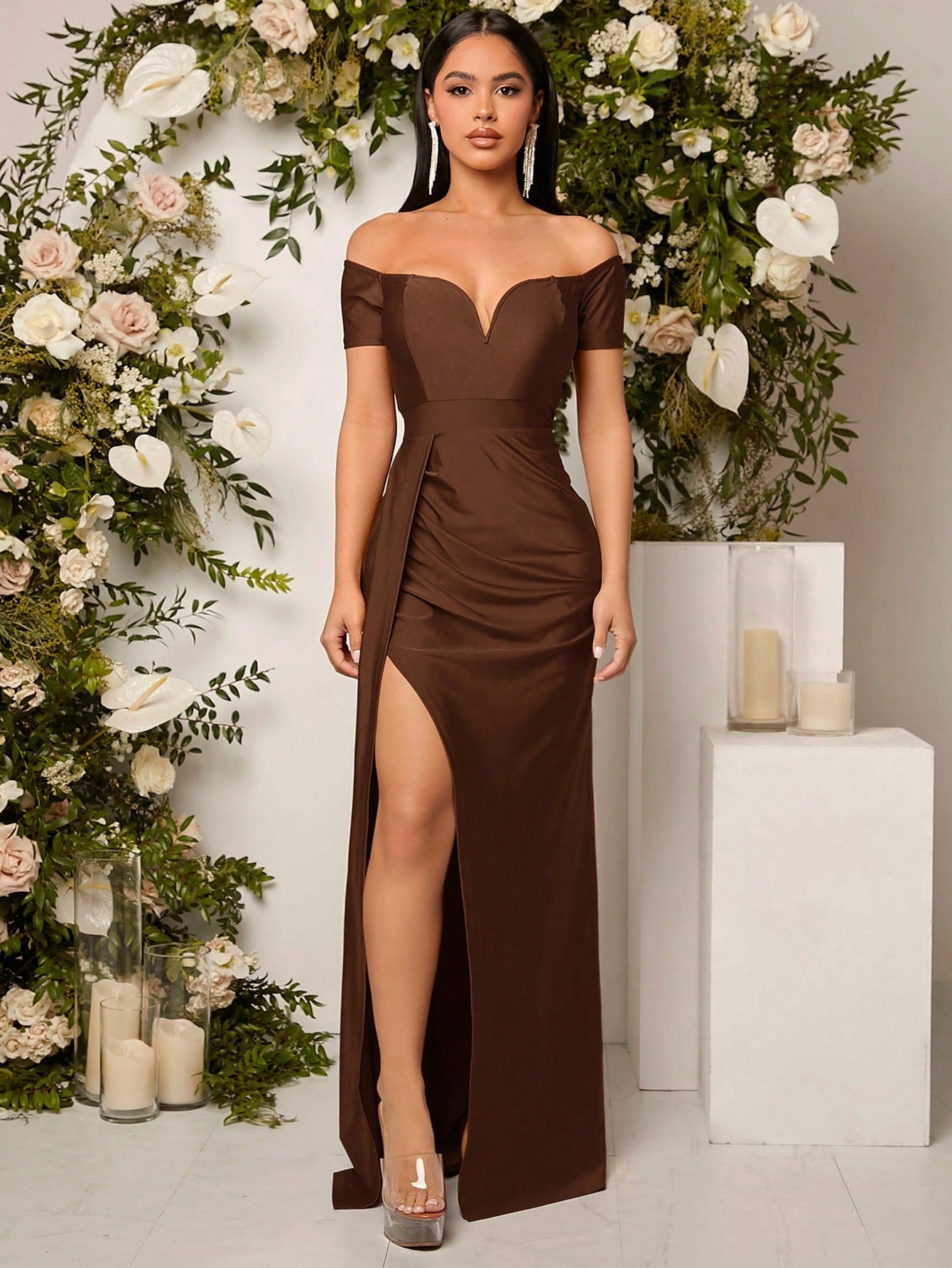 Belle Off Shoulder Ruched Split Thigh Bridesmaid Dress