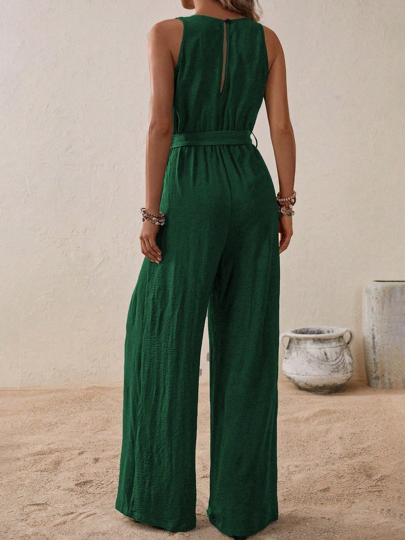 LUNE Solid Belted Wide Leg Jumpsuit