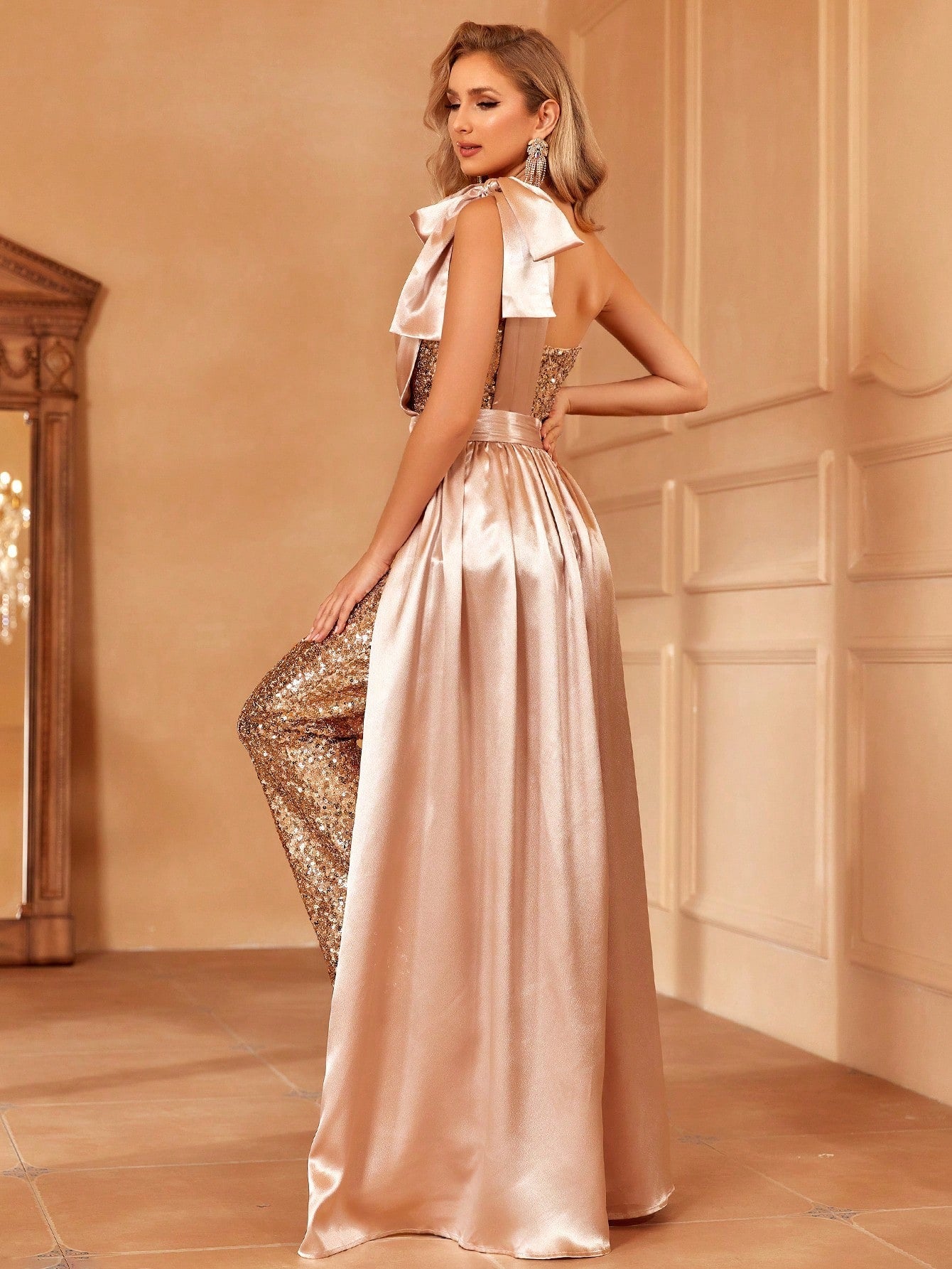 One Shoulder Bow Detail Sequin Party Jumpsuit With Skirt