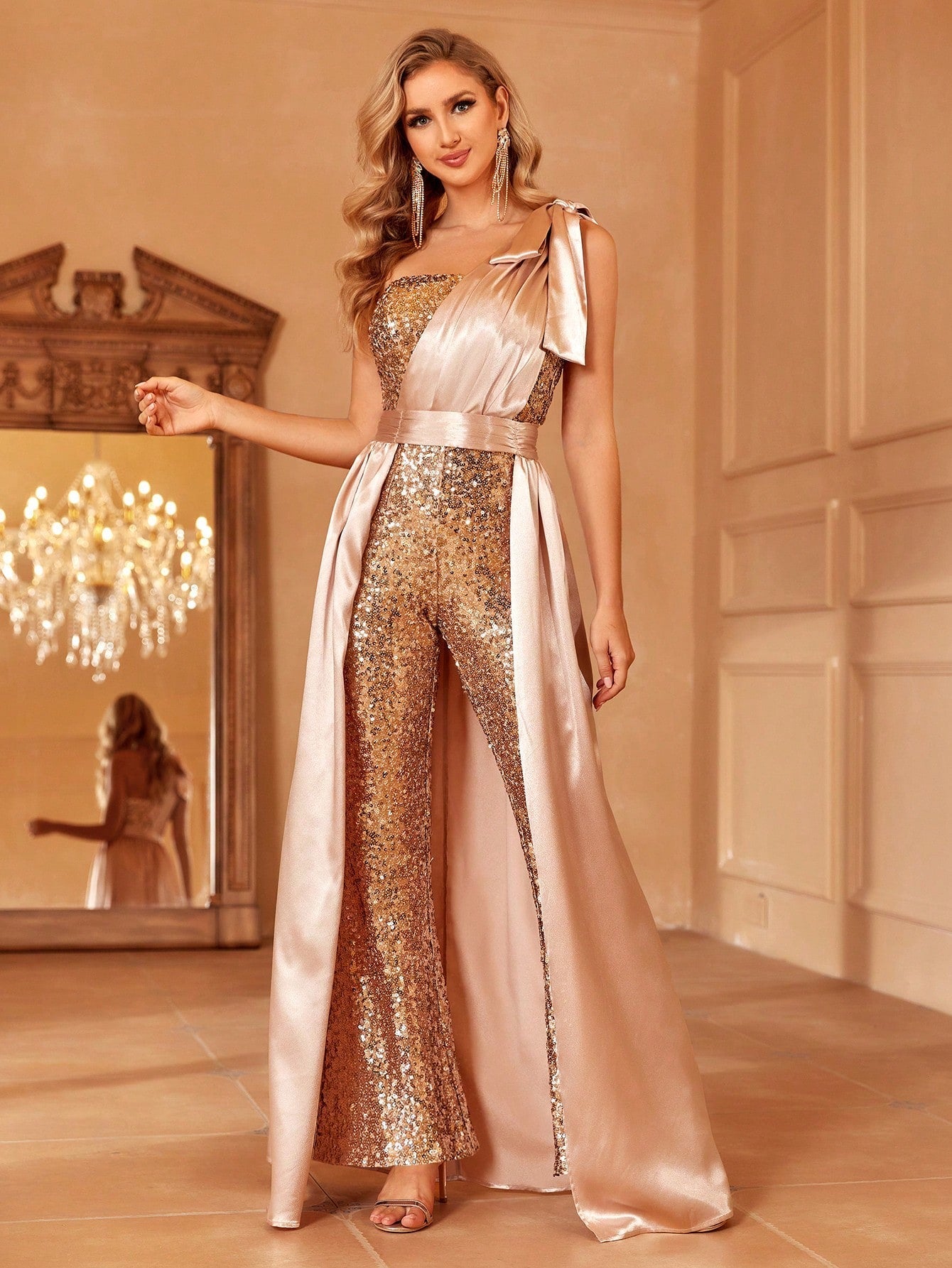 One Shoulder Bow Detail Sequin Party Jumpsuit With Skirt