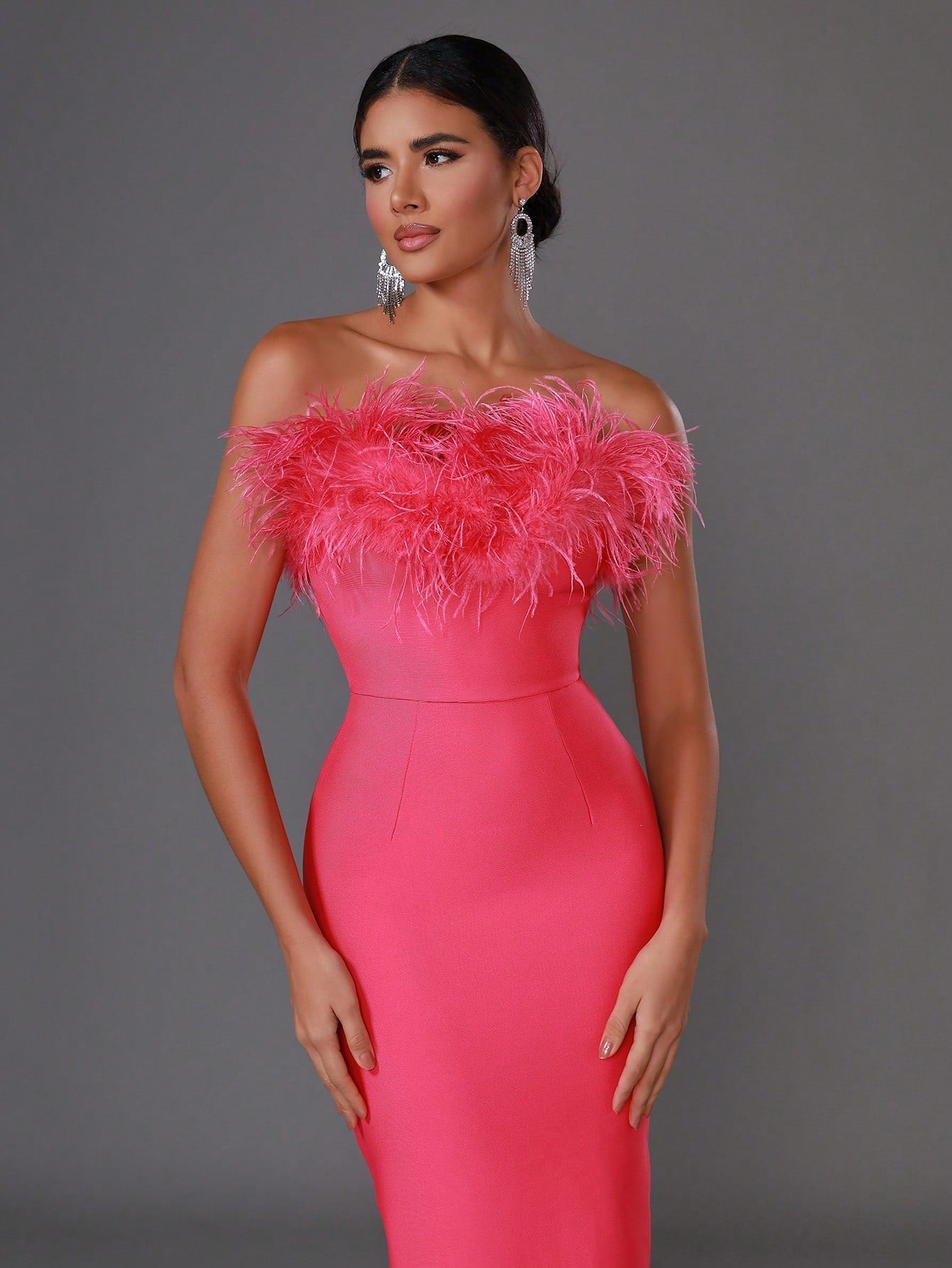 Modphy Women'S Faux Feather Strapless Backless Bodycon Bandage Floor Length Evening Party Dress