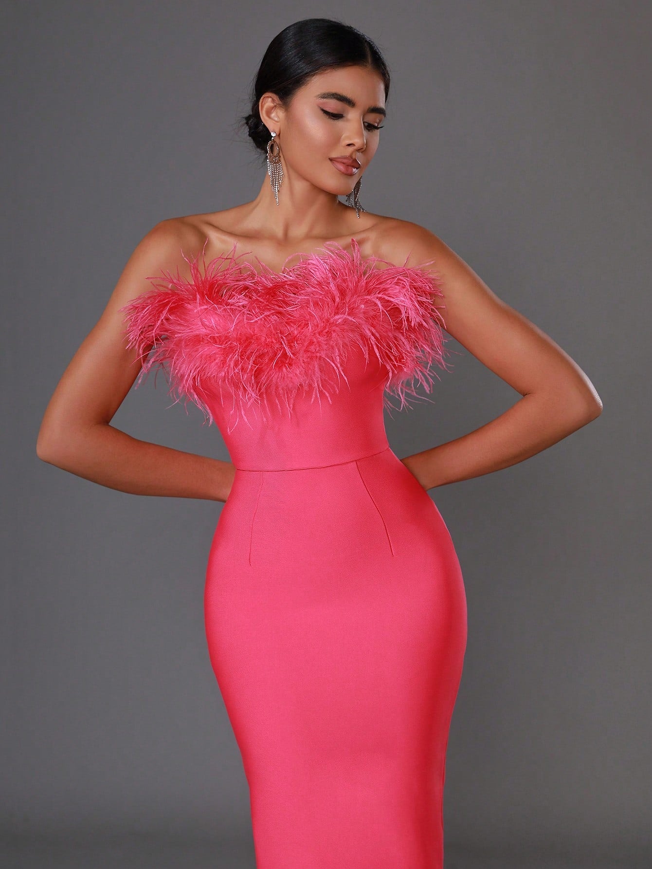 Modphy Women'S Faux Feather Strapless Backless Bodycon Bandage Floor Length Evening Party Dress