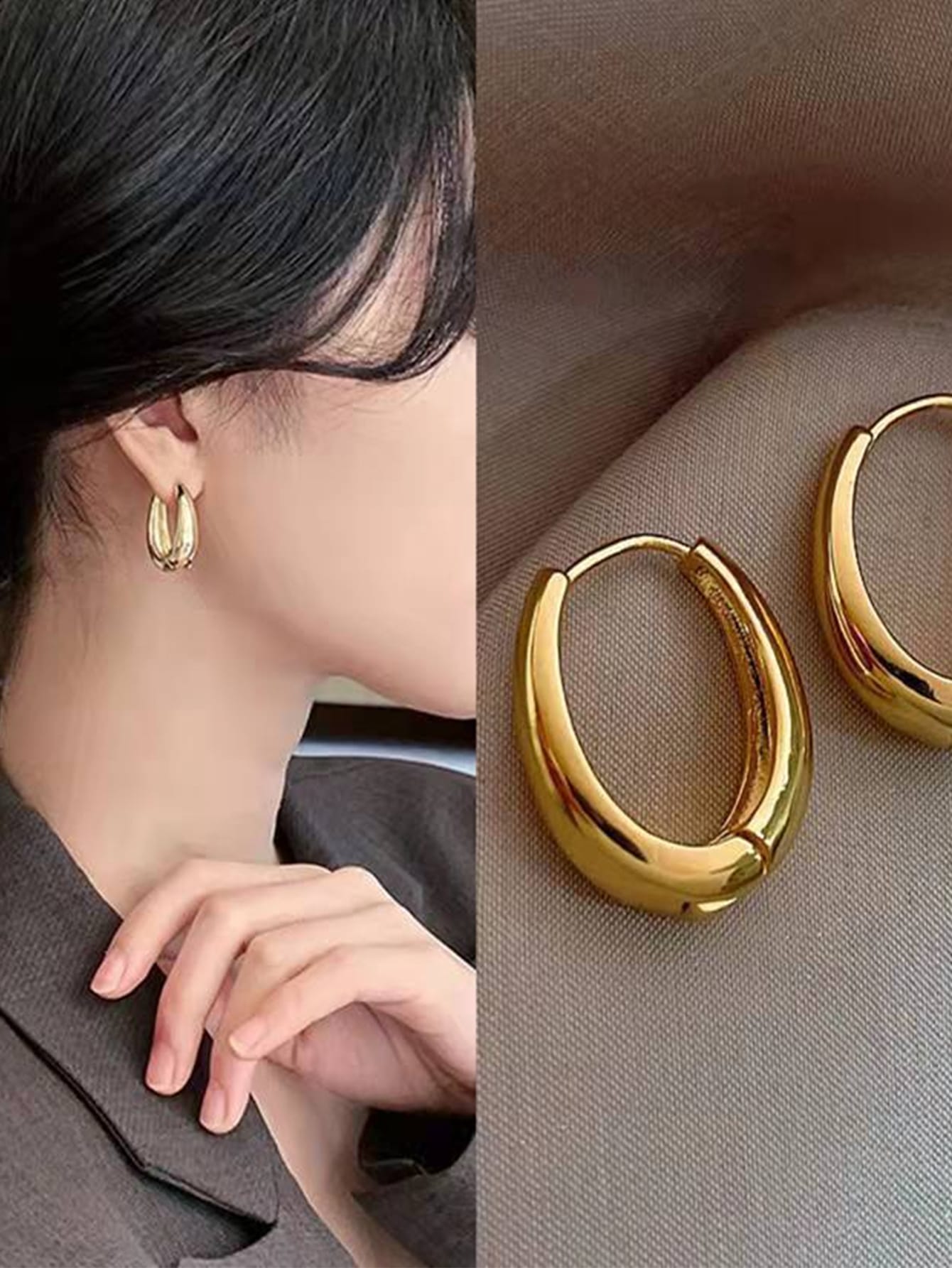 1pair New Arrivals Geometric Ellipse Hoop Earrings In Smooth Metallic Finish Retro Style Women's Accessory Ear Clip