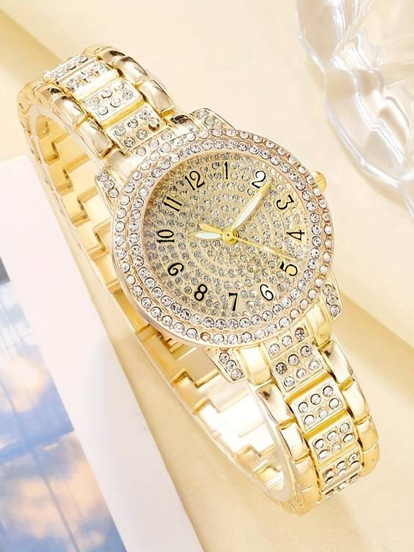 6pcs Luxury Diamond Full Drilled Steel Belt Women'S Quartz Watch + Inlaid Diamond Bracelet + Necklace + Earrings + Ring Set