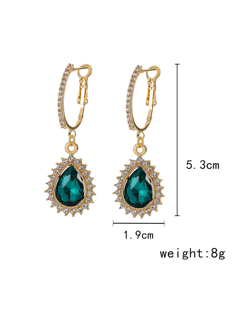 2pcs Green Gemstone & Rhinestone Inlaid Waterdrop Shaped Clip Earrings