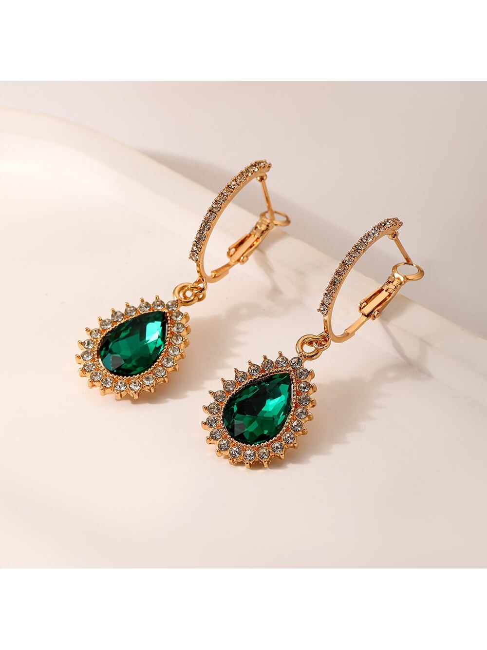 2pcs Green Gemstone & Rhinestone Inlaid Waterdrop Shaped Clip Earrings