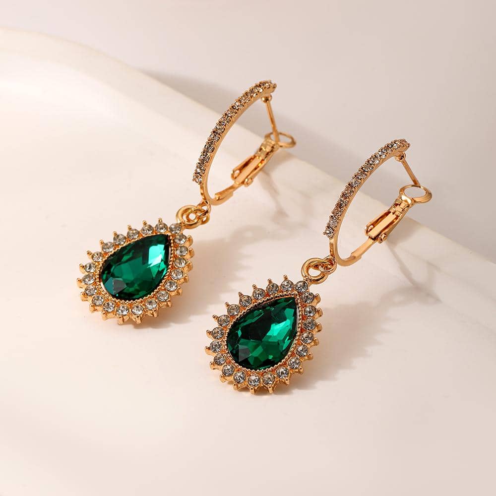 2pcs Green Gemstone & Rhinestone Inlaid Waterdrop Shaped Clip Earrings