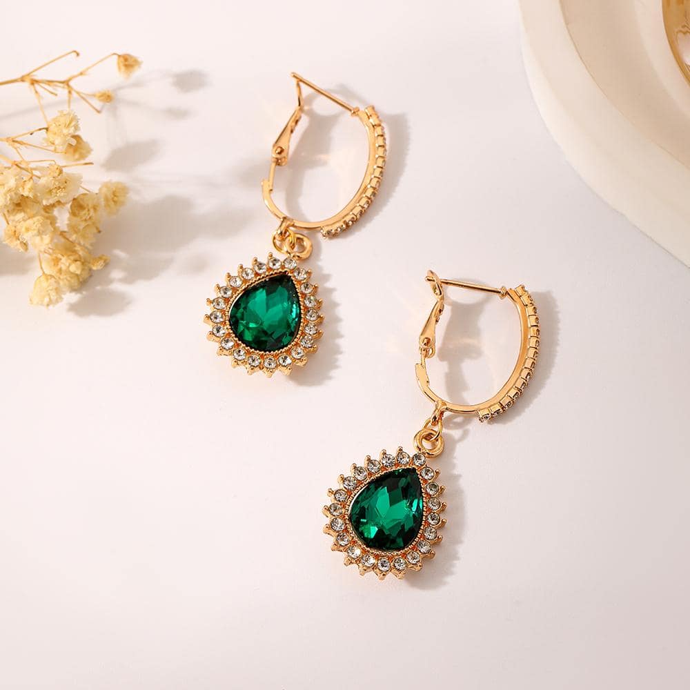 2pcs Green Gemstone & Rhinestone Inlaid Waterdrop Shaped Clip Earrings