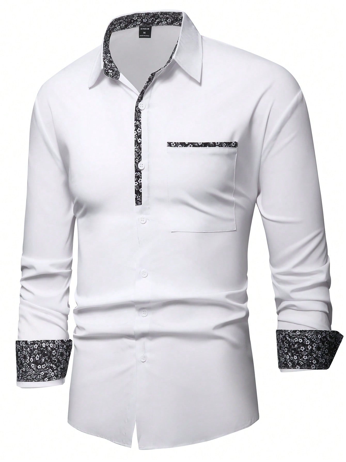 Manfinity Mode Men'S Floral Print Splice Long Sleeve Shirt