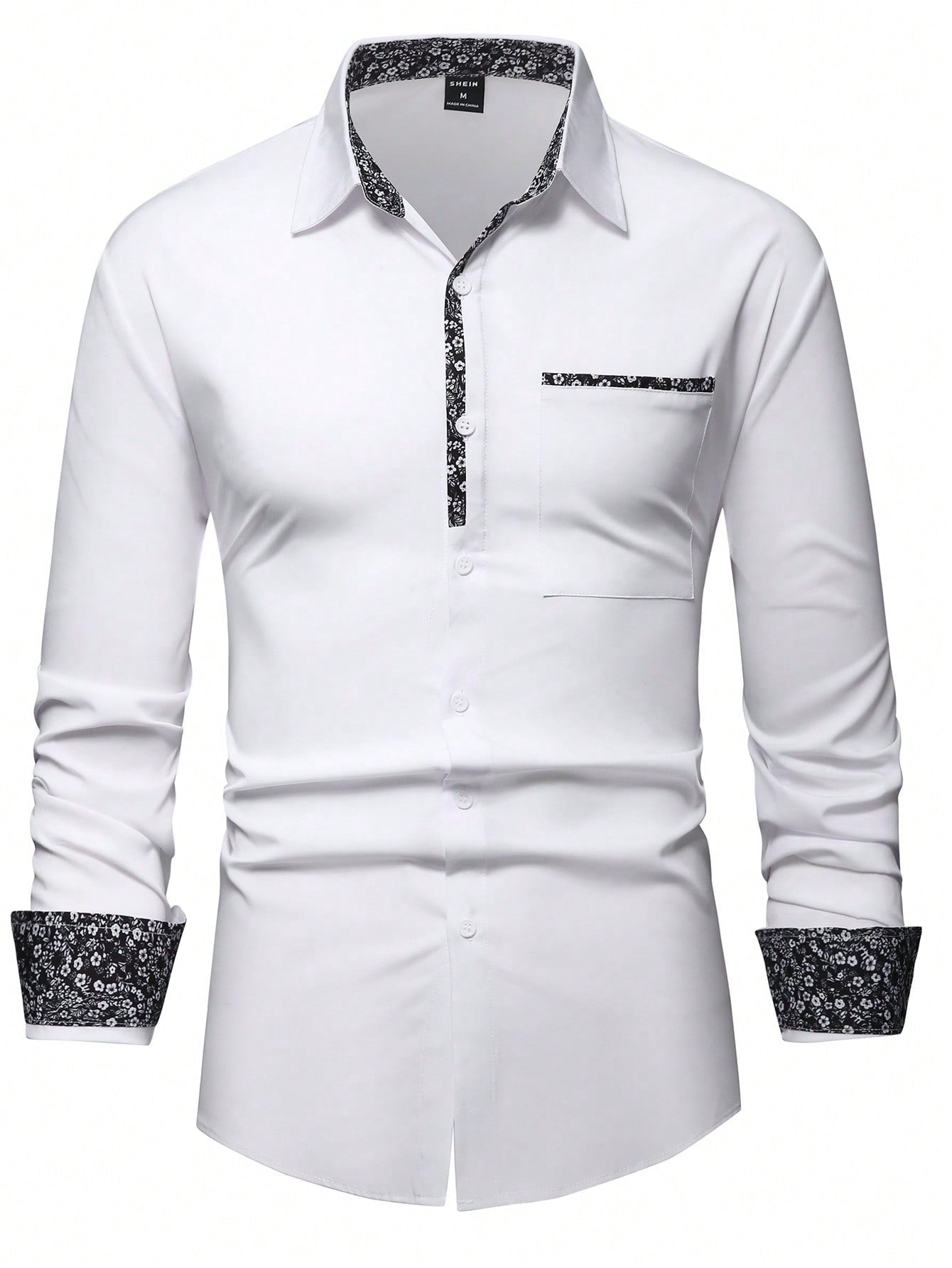 Manfinity Mode Men'S Floral Print Splice Long Sleeve Shirt