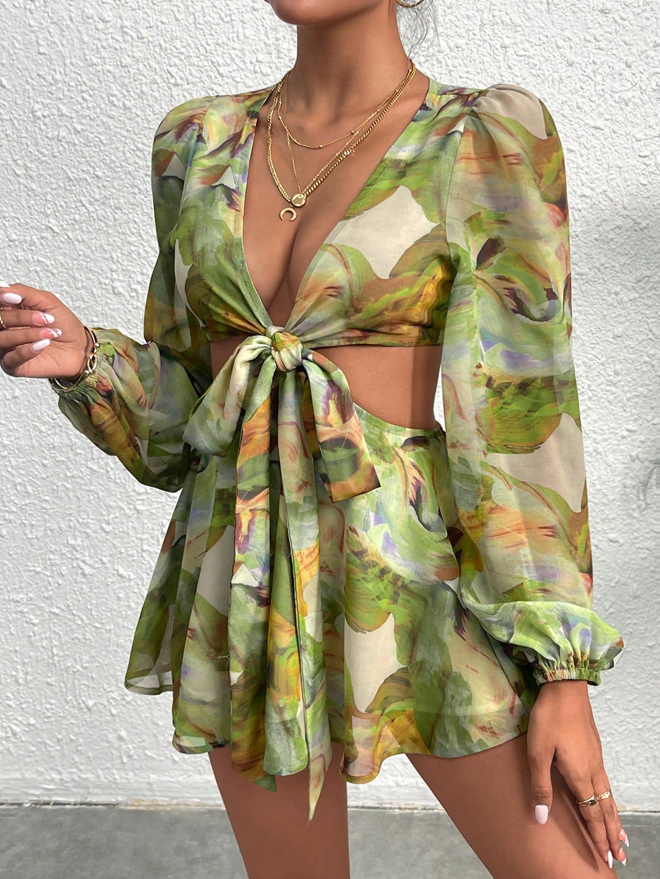 VCAY Lantern Sleeve V Neck Knot Cutout Waist Floral Print Chiffon Romper