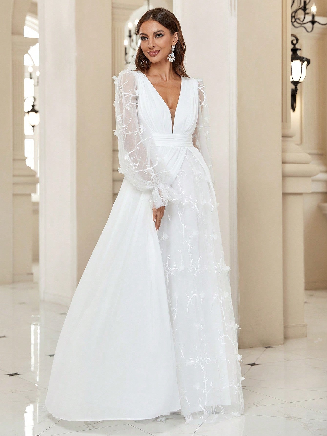 Belle Plunging Neck Flare Sleeve Split Thigh Embroidery Mesh Wedding Dress