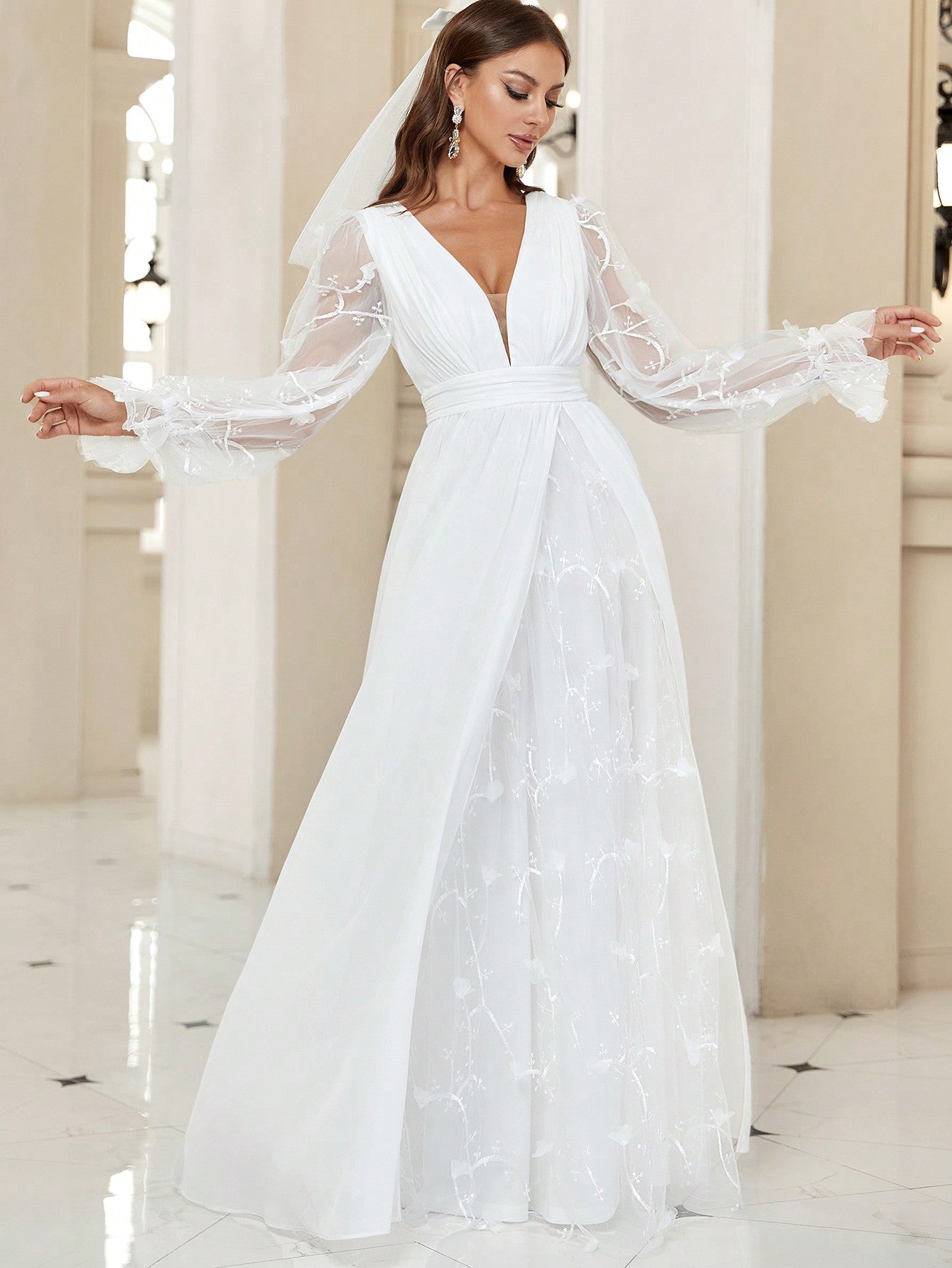 Belle Plunging Neck Flare Sleeve Split Thigh Embroidery Mesh Wedding Dress