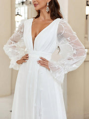 Belle Plunging Neck Flare Sleeve Split Thigh Embroidery Mesh Wedding Dress