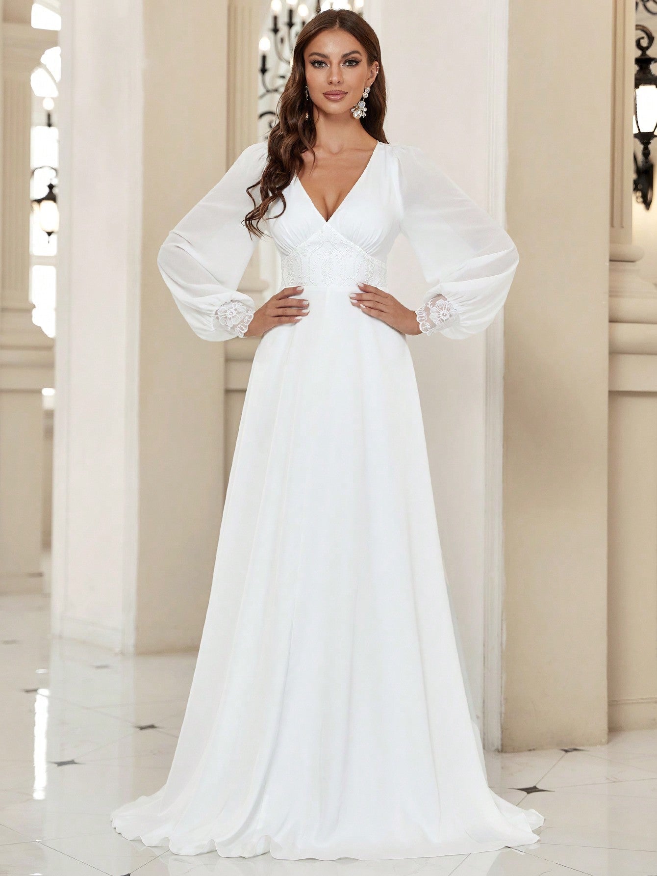 Belle Mesh Insert Lantern Sleeve Floor Length Wedding Dress