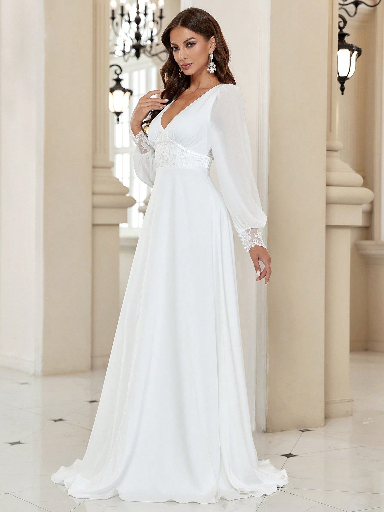 Belle Mesh Insert Lantern Sleeve Floor Length Wedding Dress