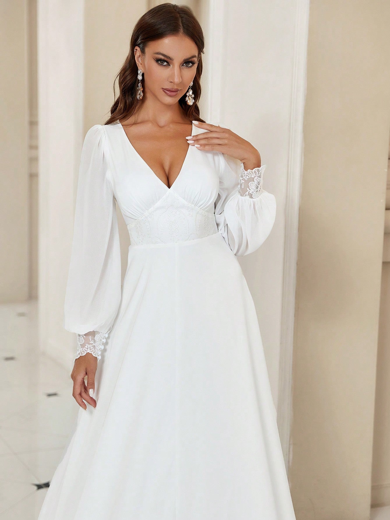 Belle Mesh Insert Lantern Sleeve Floor Length Wedding Dress