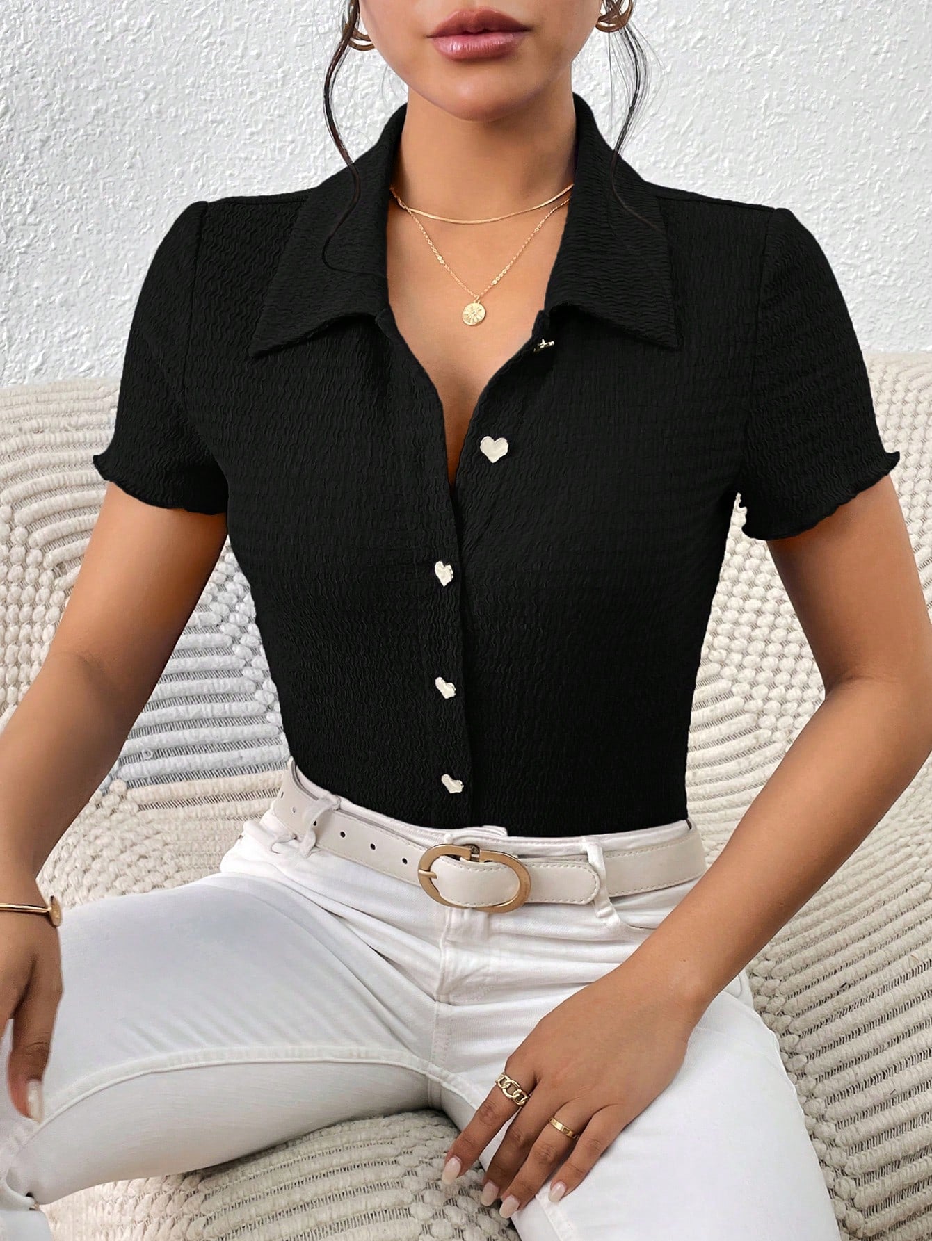 Frenchy Solid Button Front Tee