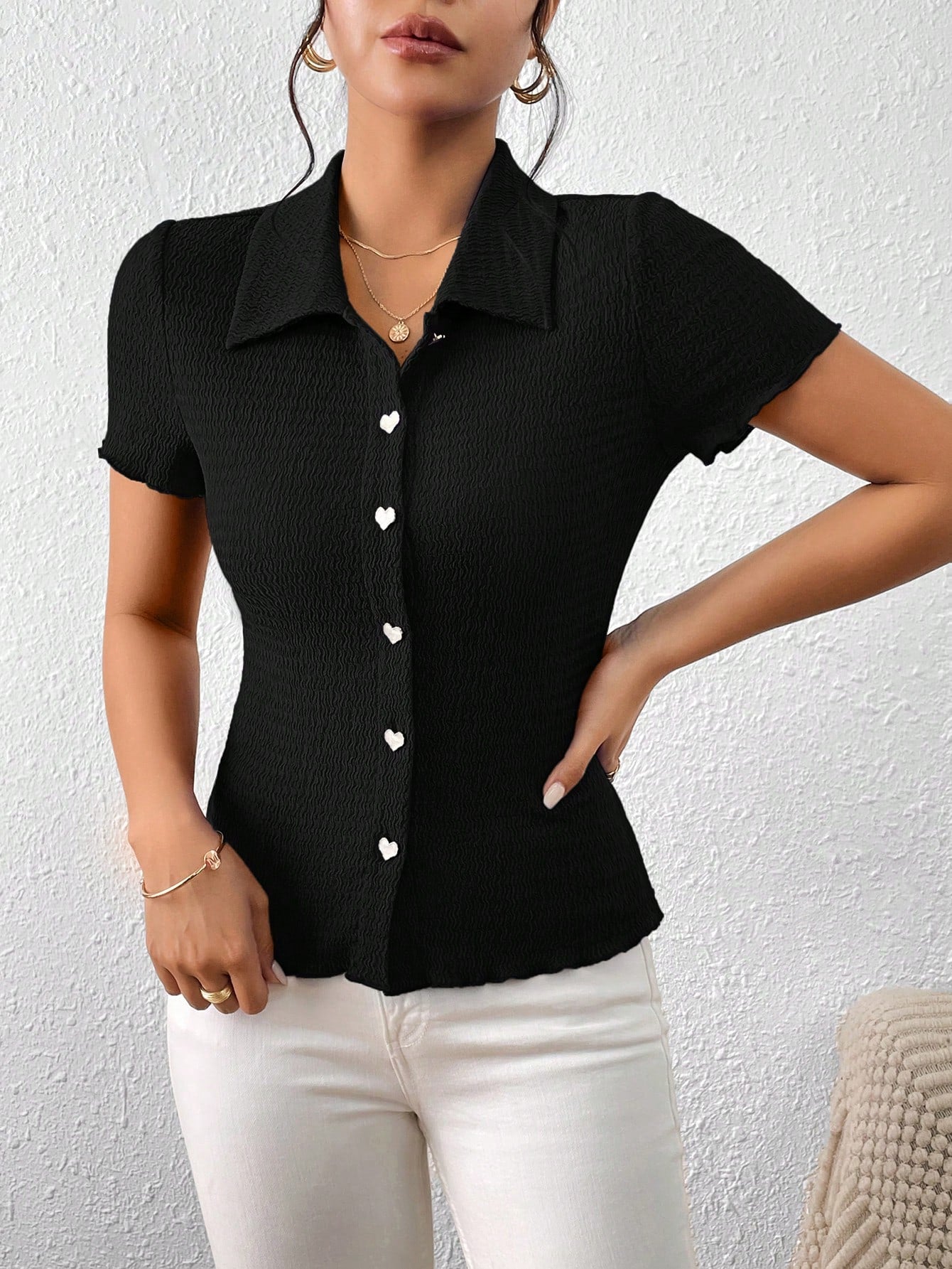 Frenchy Solid Button Front Tee